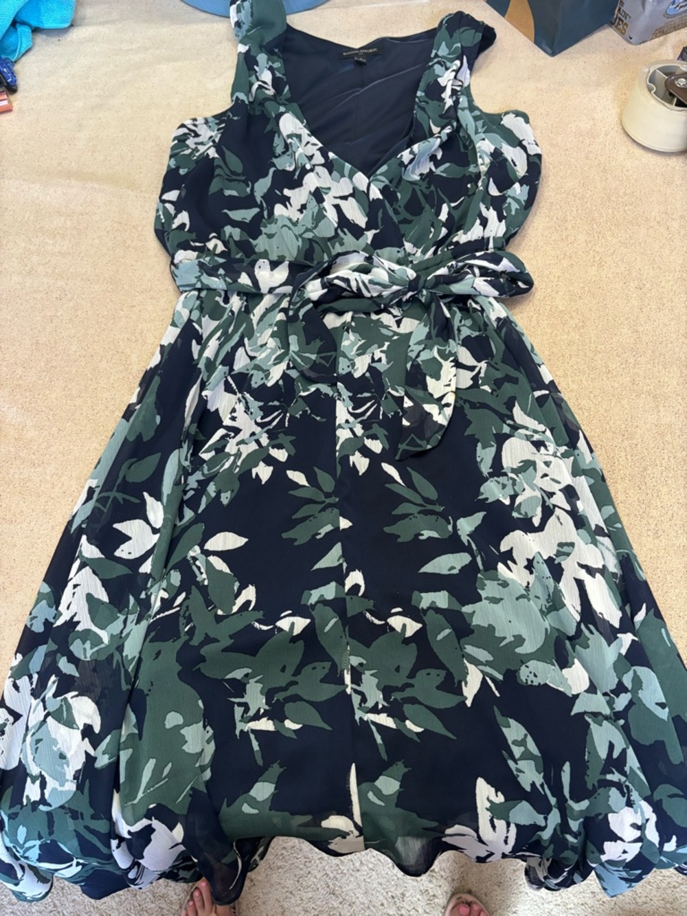 Banana Republic Green, Navy and White Floral Wrap Midi Dress